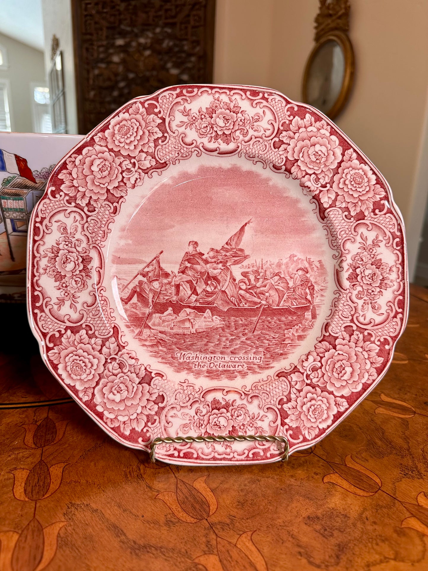 Vintage Crown Ducal George Washington Crossing the Delaware Red Transferware Plate | 10”