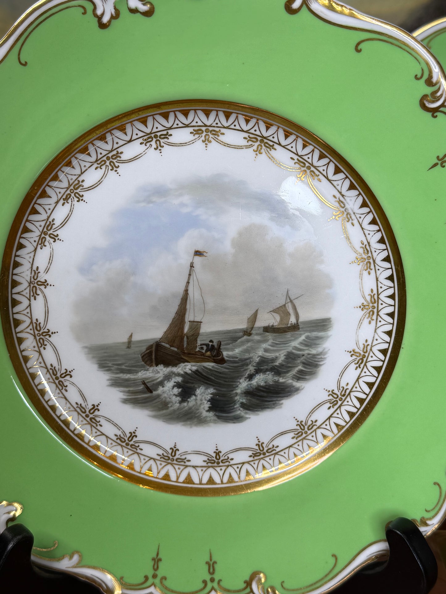Pair of Ridgway Seascape Plates, c. 1870 | Green-Ground with Gilt, 9” Diameter