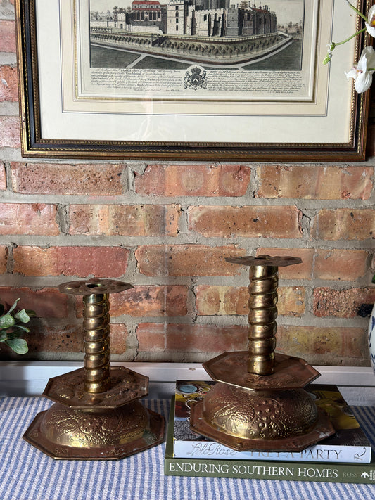 Mottahedeh “Dutch Reproduction” Brass Repousse Candlestick Pair (2) - 9.5” tall