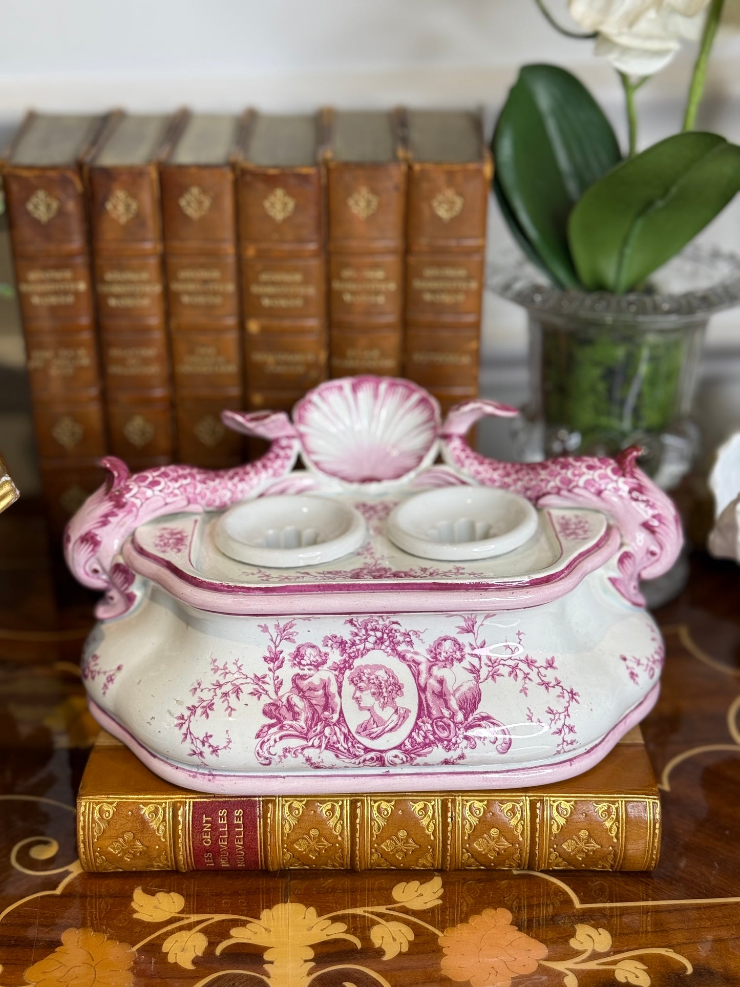 Antique French Pink Transferware Gien Faience Double Inkwell Stand with Dolphin Handles & Shell Pen Tray, c. 1875–1900, 8”W x 4”D x 5”H