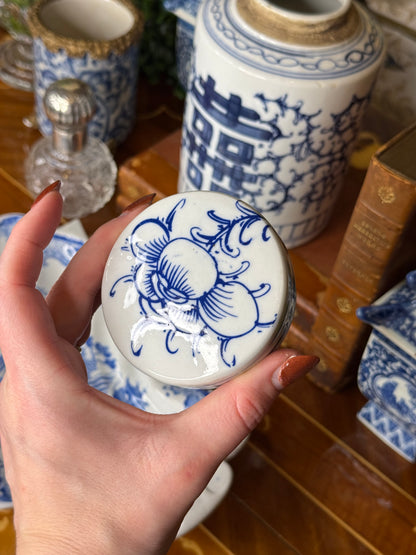 Danny's Fine Porcelain: Blue & White, 7" Tall Double Happiness, Hand Painted Tea Caddy Jar
