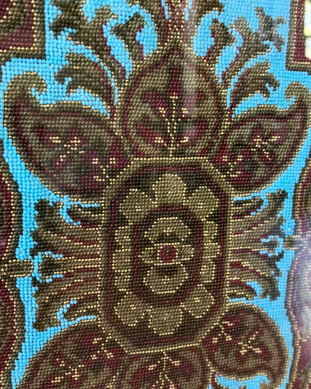 Framed Original Victorian Beadwork Panel in Custom Frame With Padded Silk Surround- Museum Glass