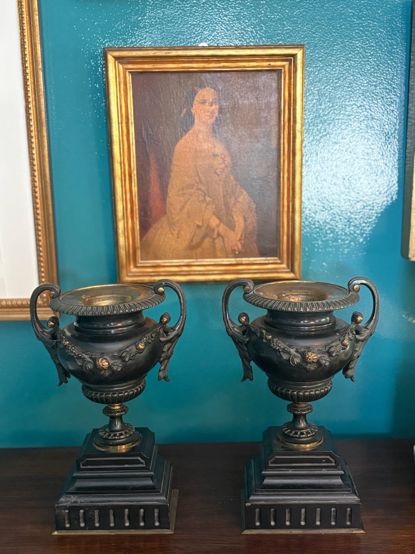 WCCR Charitable Item #133 | Pair of Neoclassical Style Patinated Bronze Urns on Marble Plinths | 12” x 9”