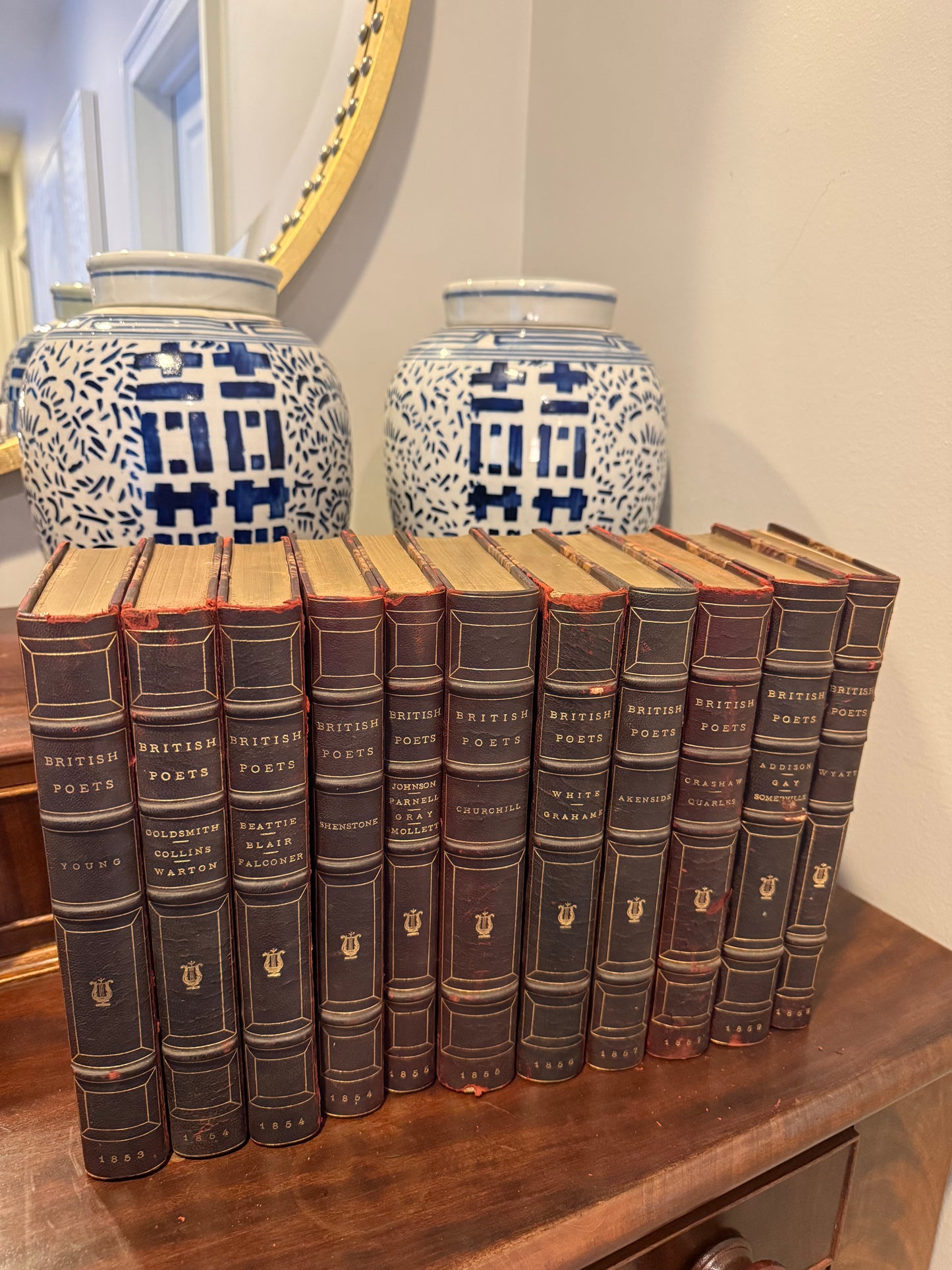 On Hold - Antique Set of 11 Leather Bound Marbled Front Books with Gold Leaf Pages - British Poets (1853-1859)