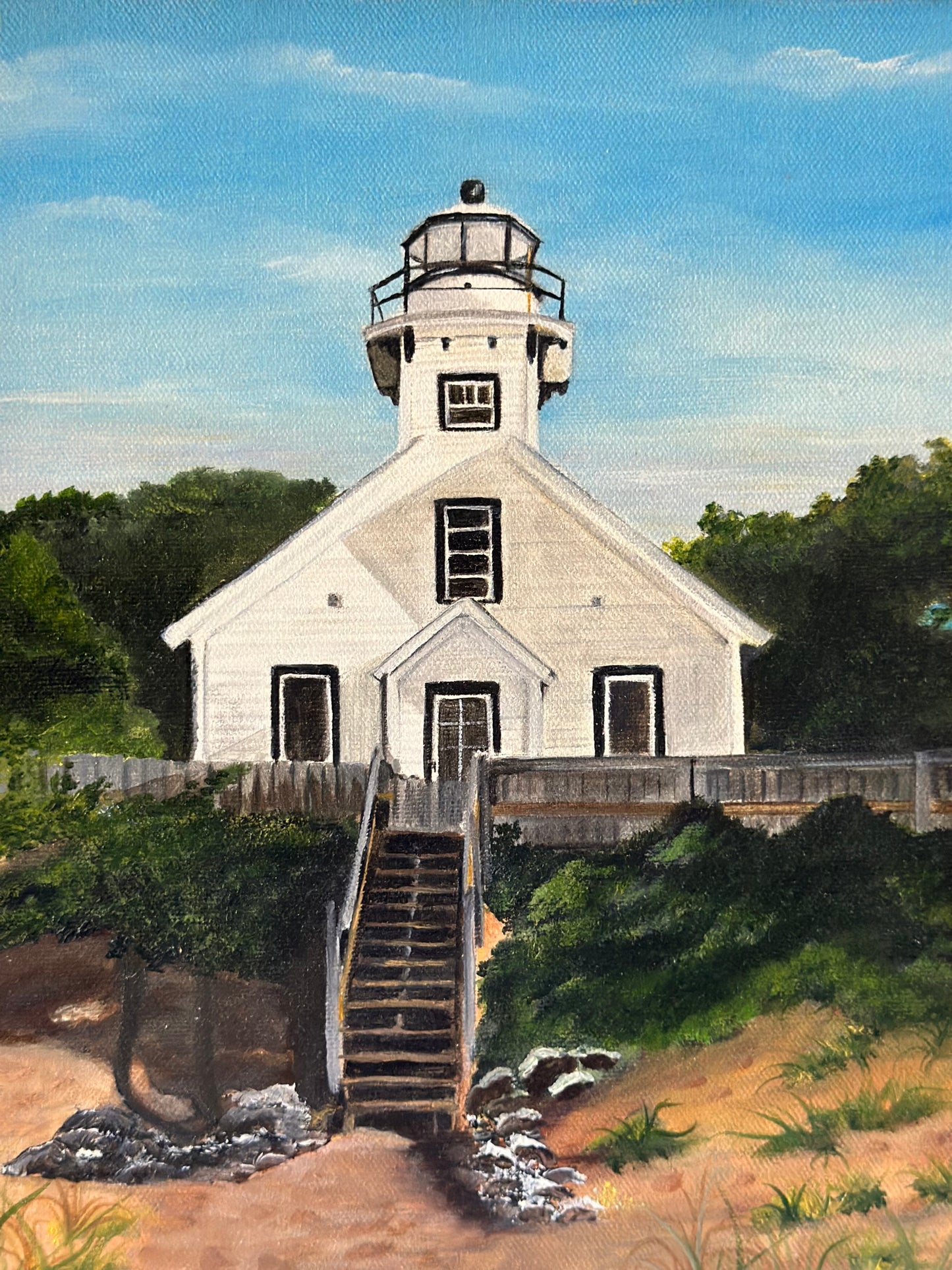 Original Art - Gorgeous seaside lighthouse framed painting, 21x17" = Pristine!
