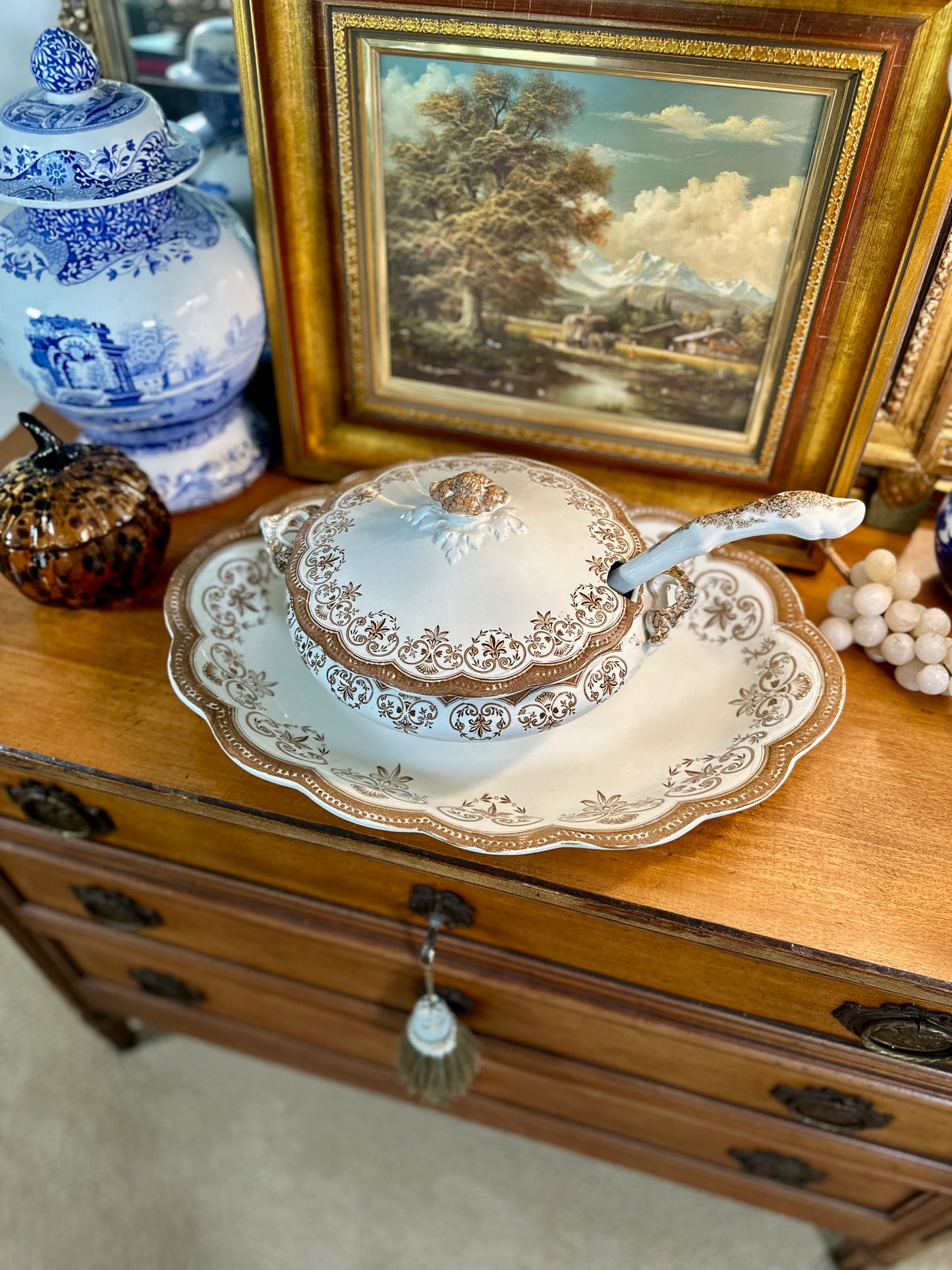 RARE Antique Regent Brown Transferware Lidded Tureen with Ladle & Underplate, 18"