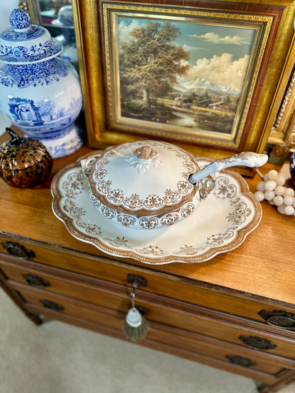 RARE Antique Regent Brown Transferware Lidded Tureen with Ladle & Underplate, 18"