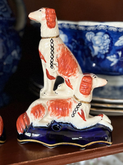 1800’s Pair Of Chelsea England Double Red Spaniel Ink Wells On Cobalt