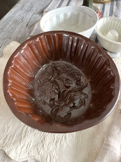 Live 06/22 Antique French Provincial Redware Cake Mold | Bird & Vine Relief | Earthenware