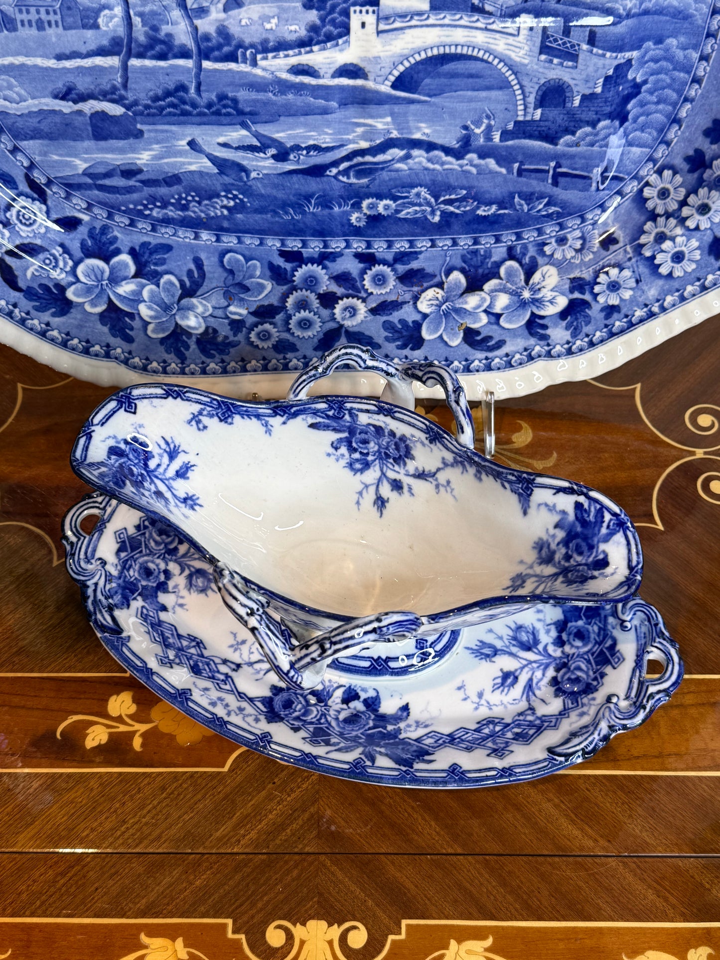 Antique B & Cie Double-Ended Flow Blue Sauce Boat with Integral Stand, c.1900, 11.5” Long x 6.5” Wide #DA4533