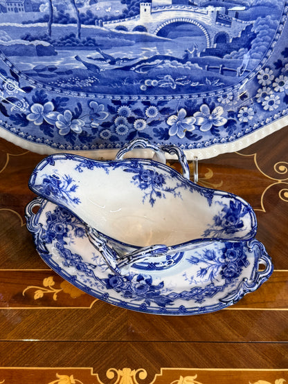 Antique B & Cie Double-Ended Flow Blue Sauce Boat with Integral Stand, c.1900, 11.5” Long x 6.5” Wide #DA4533
