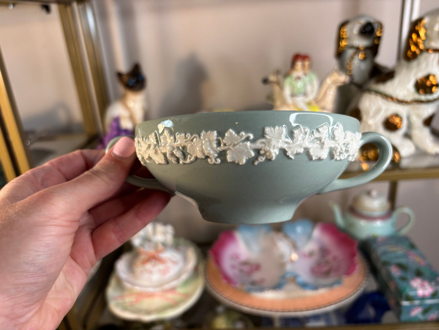 Lovely Wedgwood Queensware green and white soup cup and saucer set!