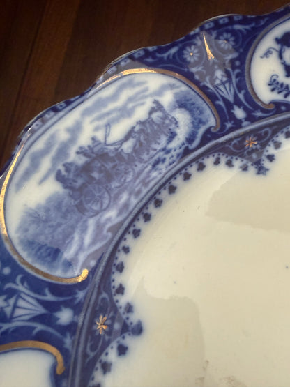 Antique English Flow Blue XL 19” Oval Transferware Platter with Hunt Scene & Floral Border –