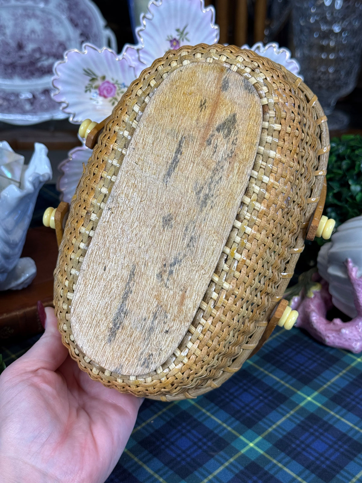 Vintage Nantucket-Style Woven Cane Basket with Double Bentwood Handles | Mid-Century