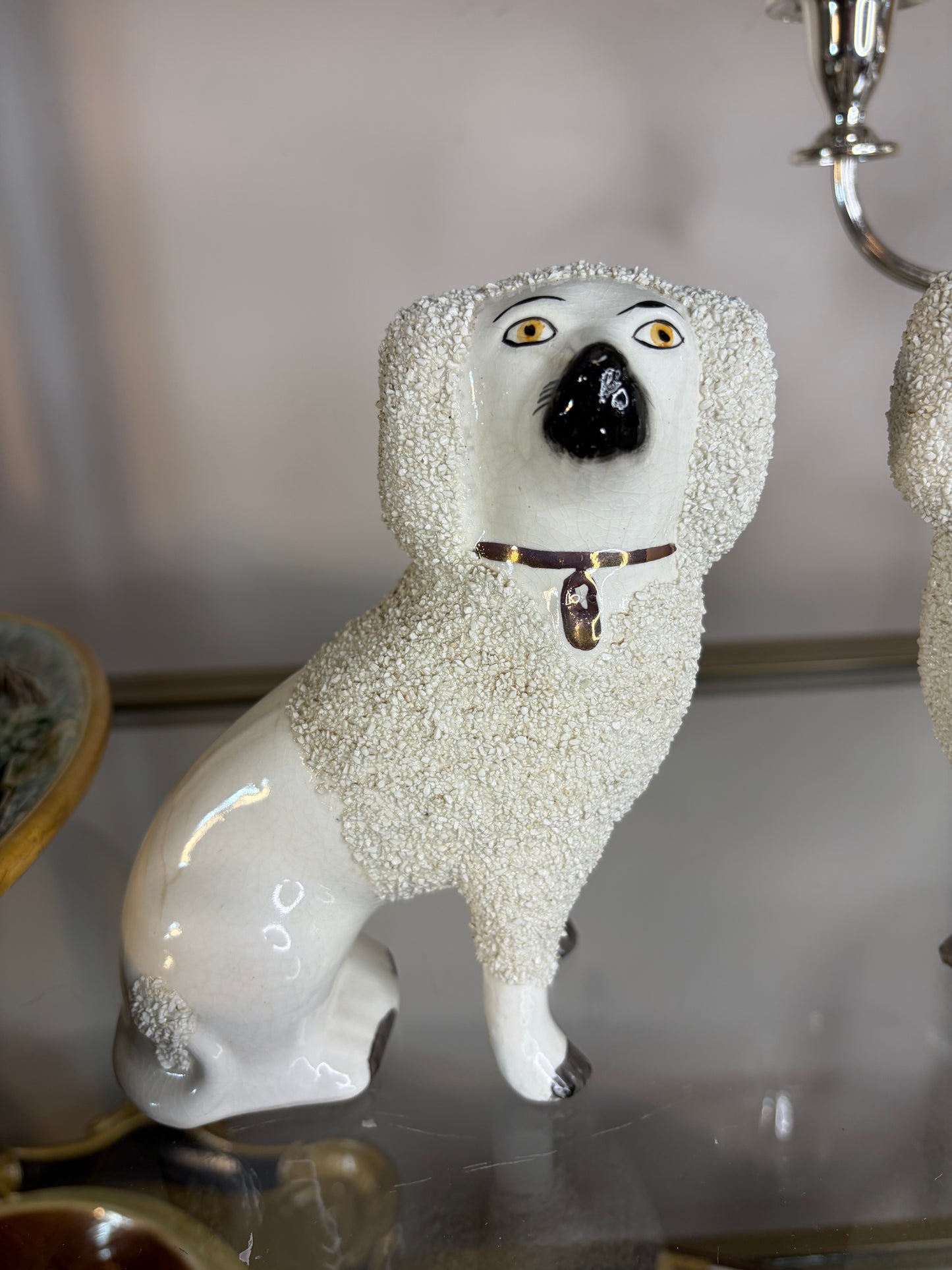 Antique Staffordshire Confetti Poodles with Separated Legs, Pair, 6.5” Tall, 19th Century