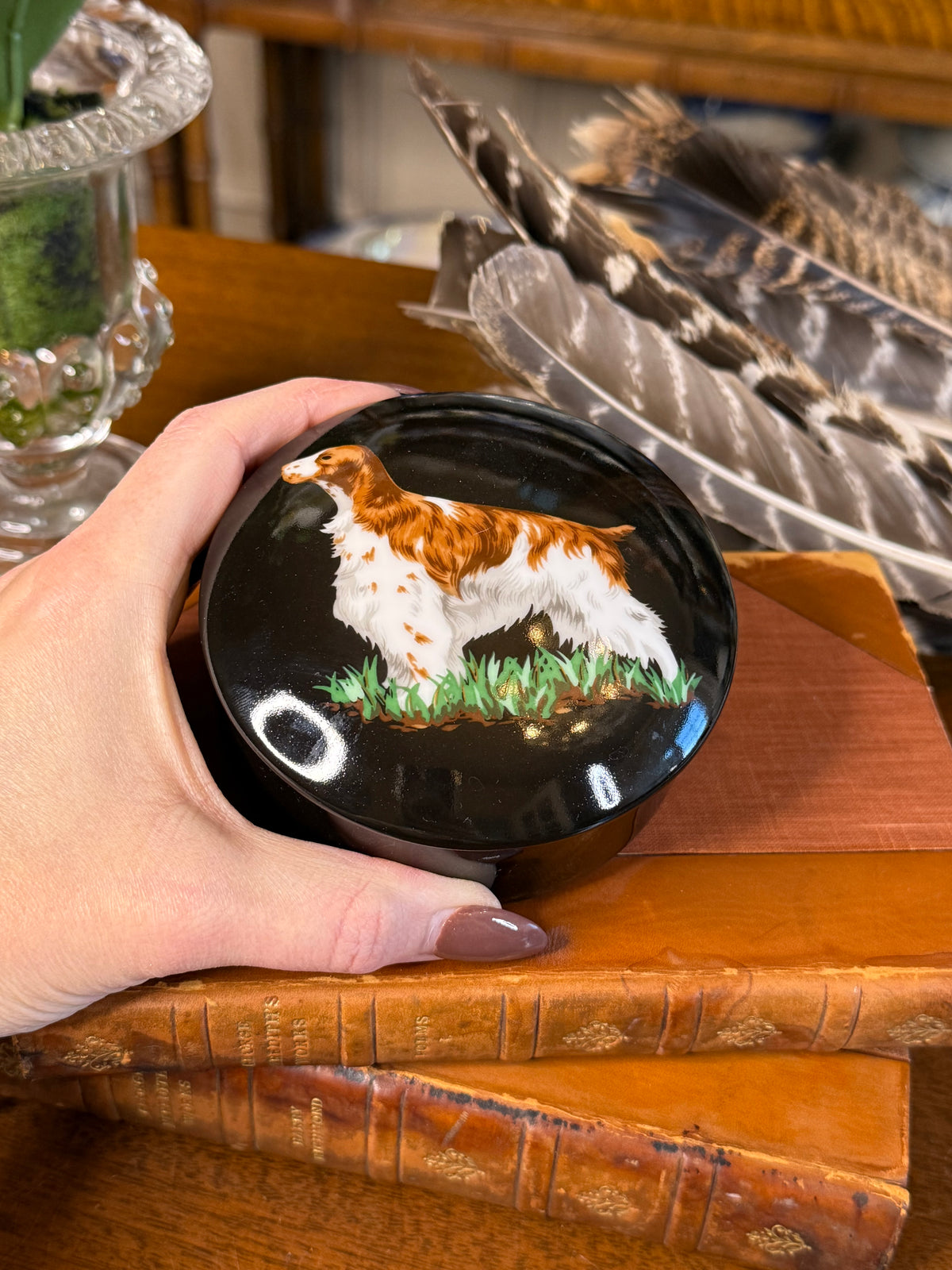 RESERVED - CGHOLL - Vintage Tiffany & Co. “Hunting Dogs” Porcelain Round Trinket Box, Black Sporting Dog Motif, 1992, 4” D