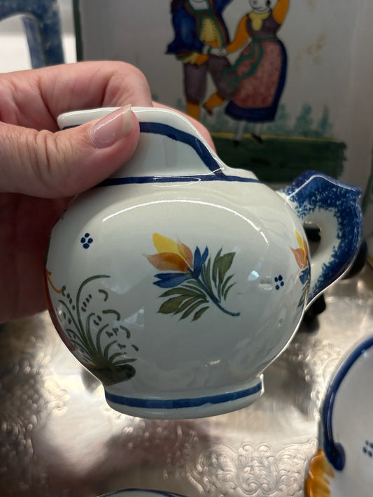 WCCR Charitable Item #193 | HB Quimper France Creamer with Blue Handle | Hand-Painted French Faience