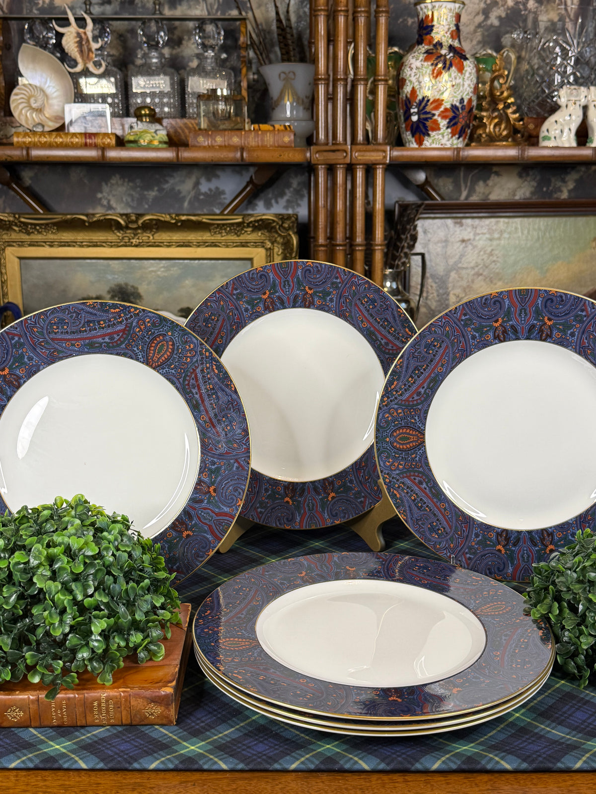 Vintage 1989 Ralph Lauren “King Charles Paisley” by Wedgwood | Bone China Dinner Plates | Set of 6 |