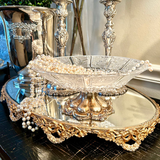 vintage etched crystal baroque silver plate footed bowl