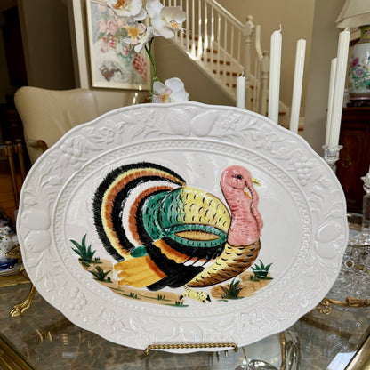 Massive brown & blue oval turkey holiday platter, 19 x 14 stamped