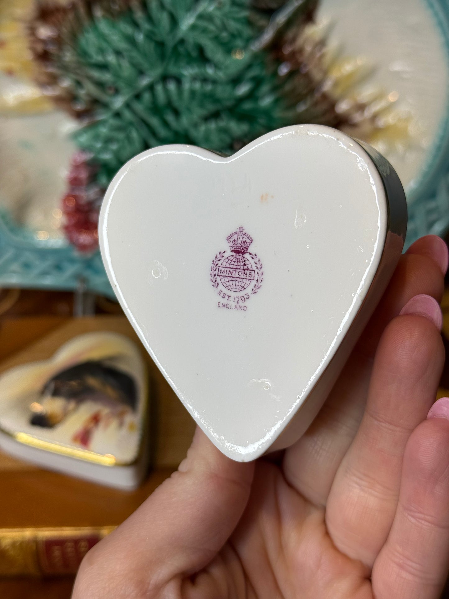 Antique Minton Heart-Shaped Trinket Box | Hand-Painted Borzoi Sporting Dog Portrait by J.E. Dean | c.1920 | #DA2462
