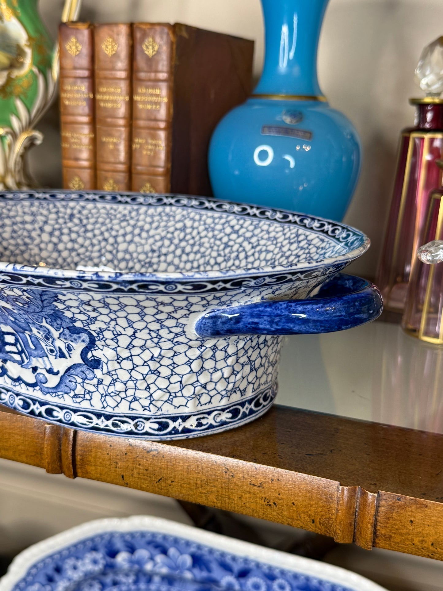 Adams Chinese Bird Pattern Chestnut Dish | Circa 1920 | 12" Handle to Handle x 8.75"D x 3.5"H | Style DA4513