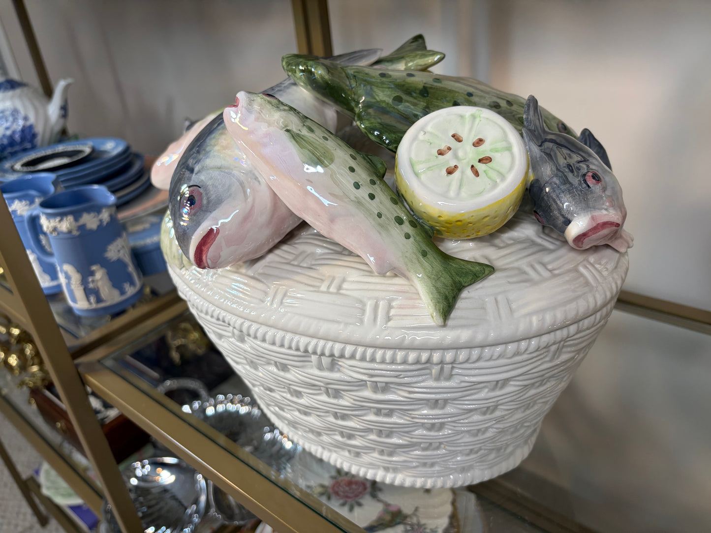 Stunning Italian Fish Tureen with raised fish and lemons and basket design!