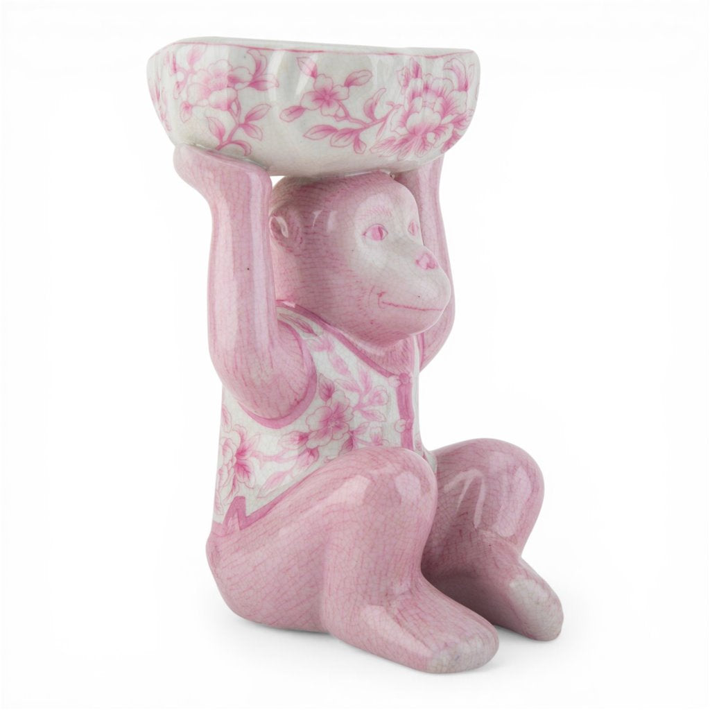 Danny's Fine Porcelain - Pink Floral Porcelain Monkey Figure Bowl – 6”L x 6”W x 8.5”H