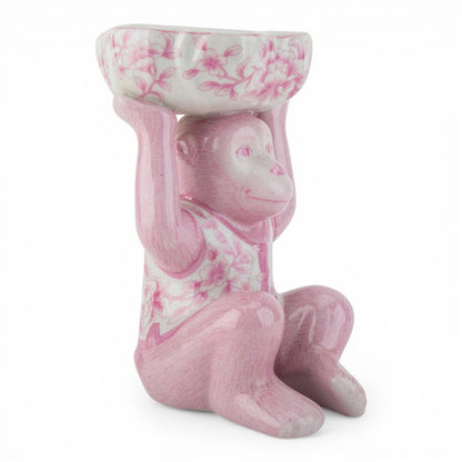 Danny's Fine Porcelain - Pink Floral Porcelain Monkey Figure Bowl – 6”L x 6”W x 8.5”H