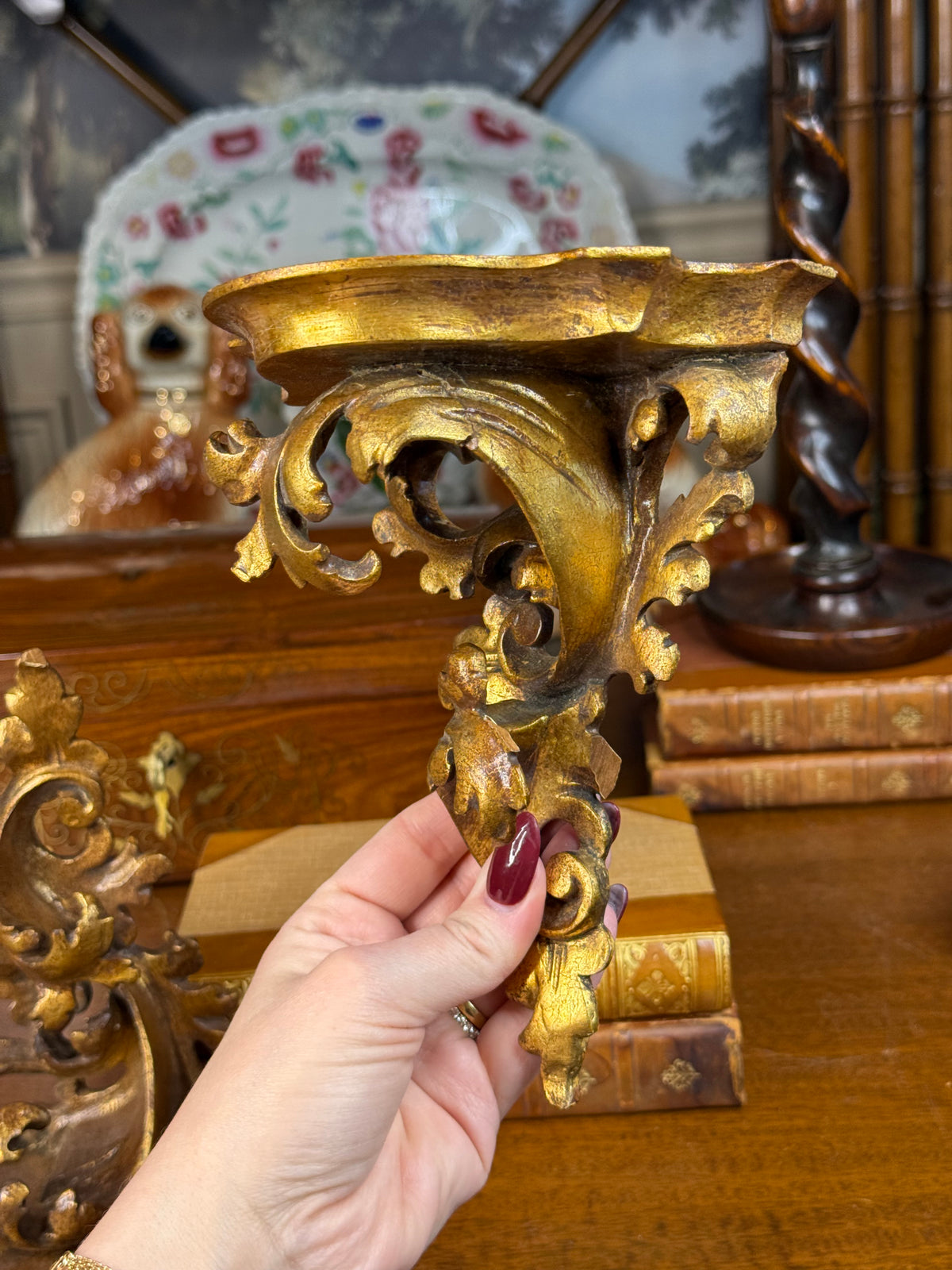 Pair of Vintage Italian Rococo Carved Giltwood Wall Brackets / Sconces, c. 1950 – 8”H