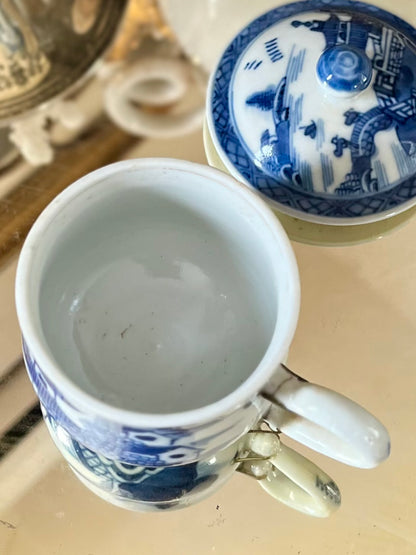 Antique Chinese Blue And White Syllabub / Crème Pot with Lid | Historic Staple Repair