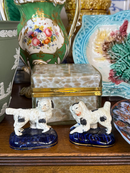 Antique Staffordshire Black & White Spaniel Dogs | Pair on Blue Cushions | Victorian English Pottery | 19th Century | DA4530
