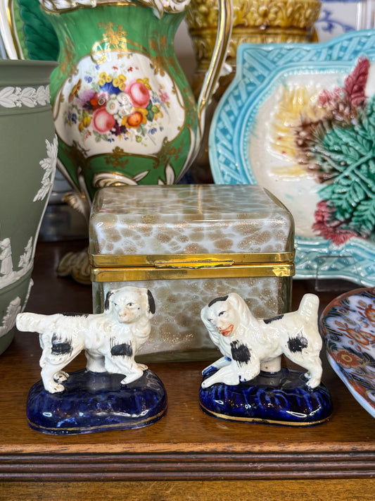 Antique Staffordshire Black & White Spaniel Dogs | Pair on Blue Cushions | Victorian English Pottery | 19th Century | DA4530