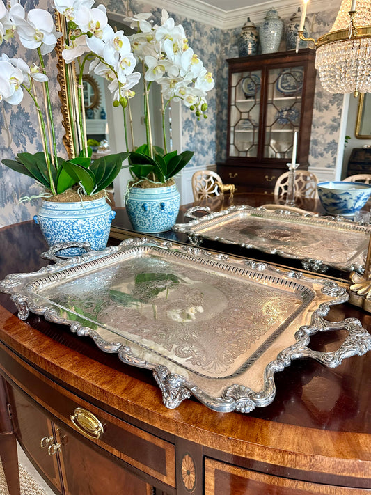 Massive Antique Silver plated Tray w Ornate Handles