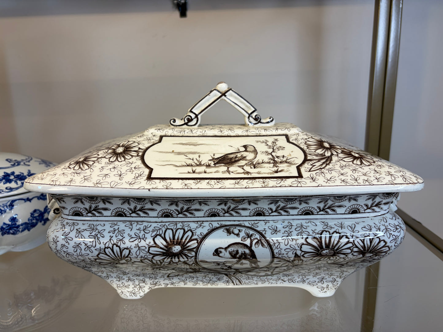 Stunning antique Ridgways brown transferware lidded tureen featuring birds! As is!