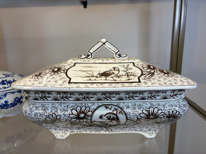 Stunning antique Ridgways brown transferware lidded tureen featuring birds! As is!