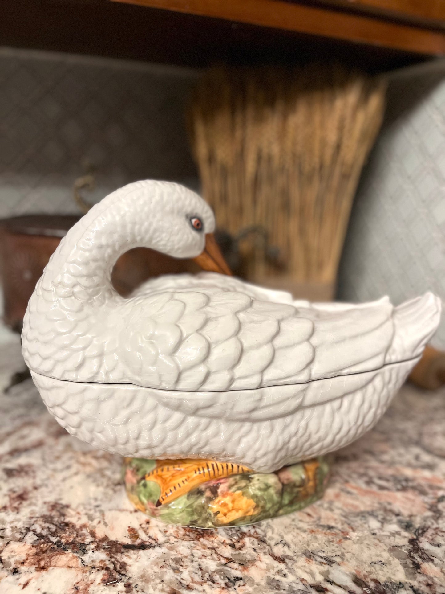 Elegant Mid Century Italian Hand Painted Goose Covered Dish – Base Greens, Rose & Gold