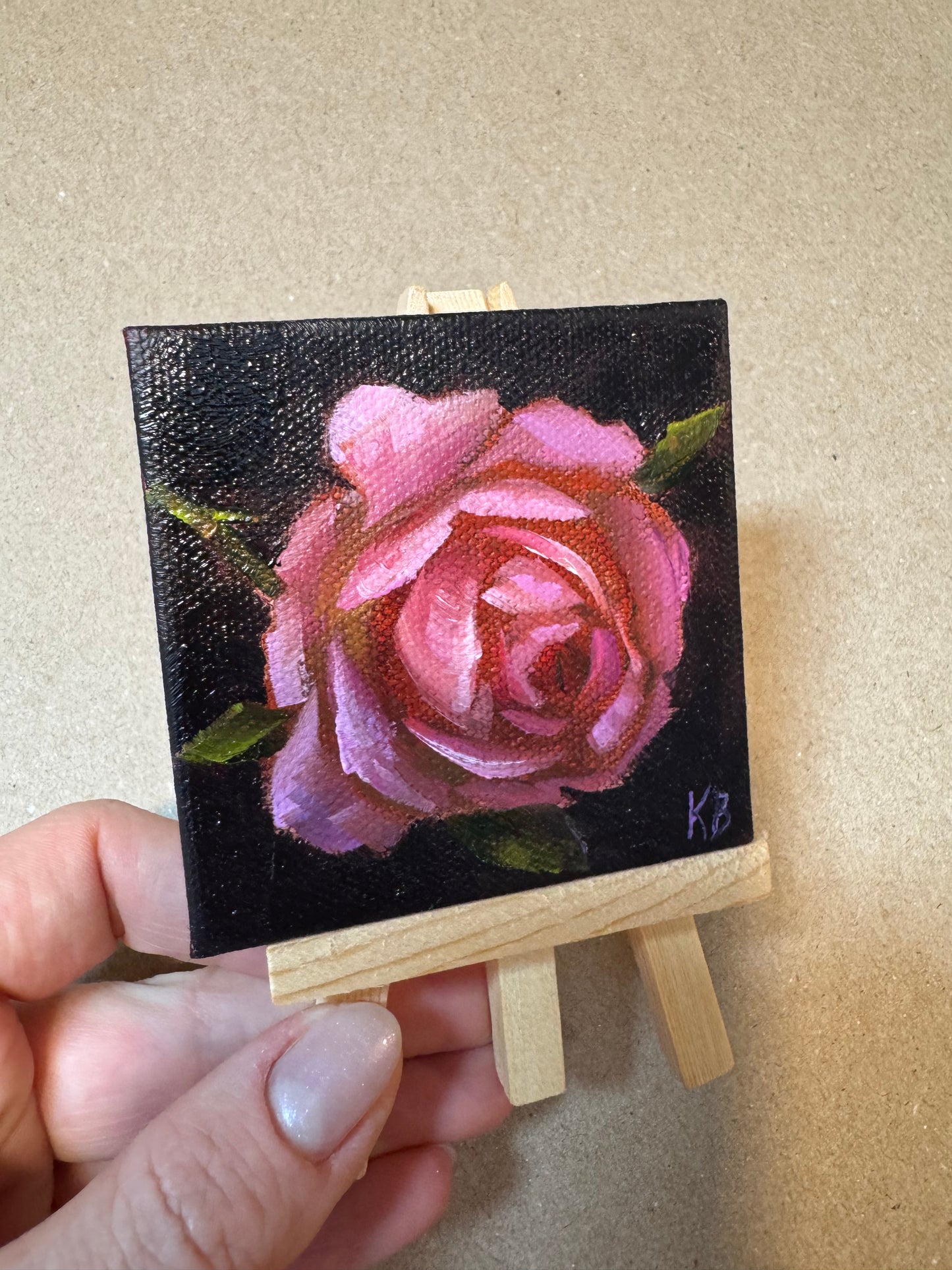 Live 06/19 mini art dark pink rose original oil paintings on stretched canvas 3x3”