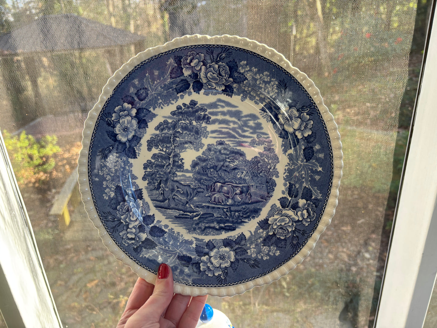 “English Scenic” Blue and white transferware plate by Adams featuring cow pasture scene!