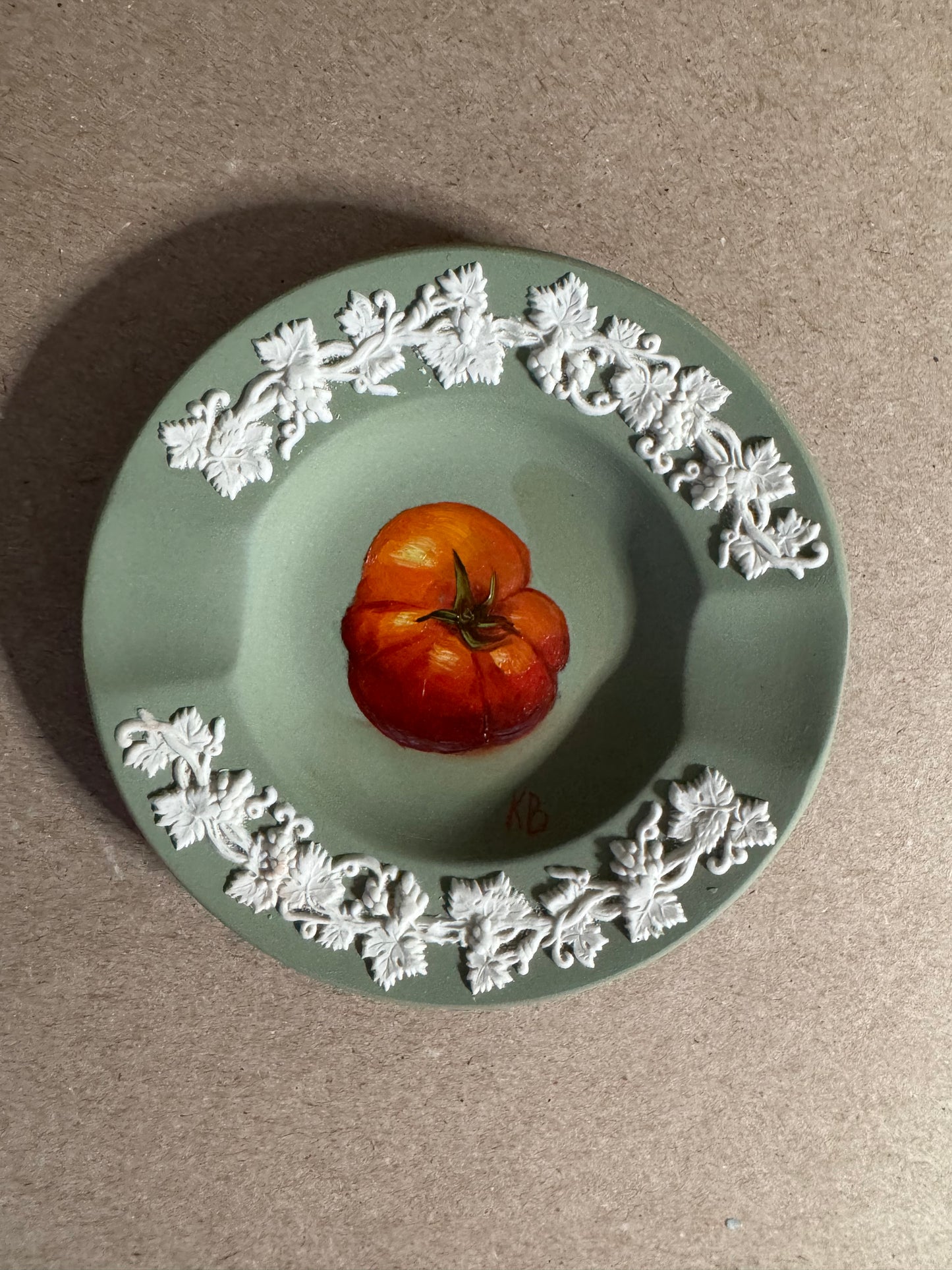 Live 06/22 Wedgwood small green and  white dish with painted tomato original art