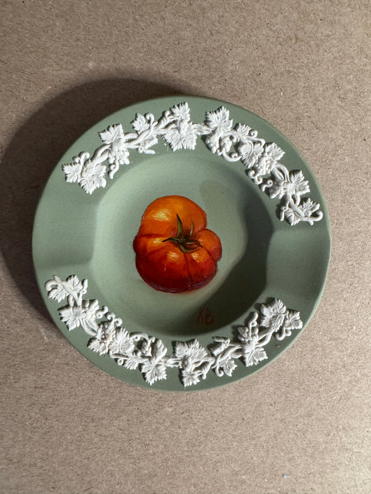 Live 06/22 Wedgwood small green and  white dish with painted tomato original art