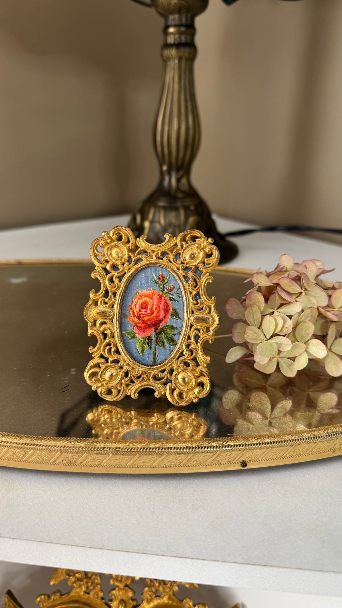 Day 11 apricot rose, original oil painting in antique brass frame
