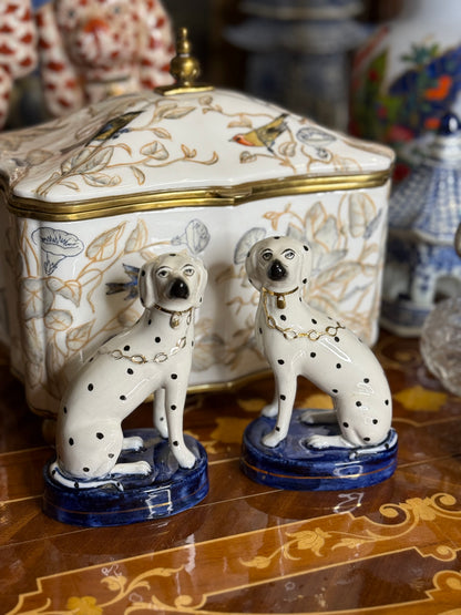 Vintage Pair of Hand-Painted Porcelain Dalmatian Dogs on Cobalt Bases (5.25”) English