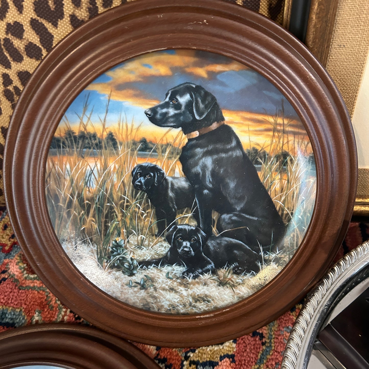 Set of 2 vintage wood framed lab & golden  collectors dog plates