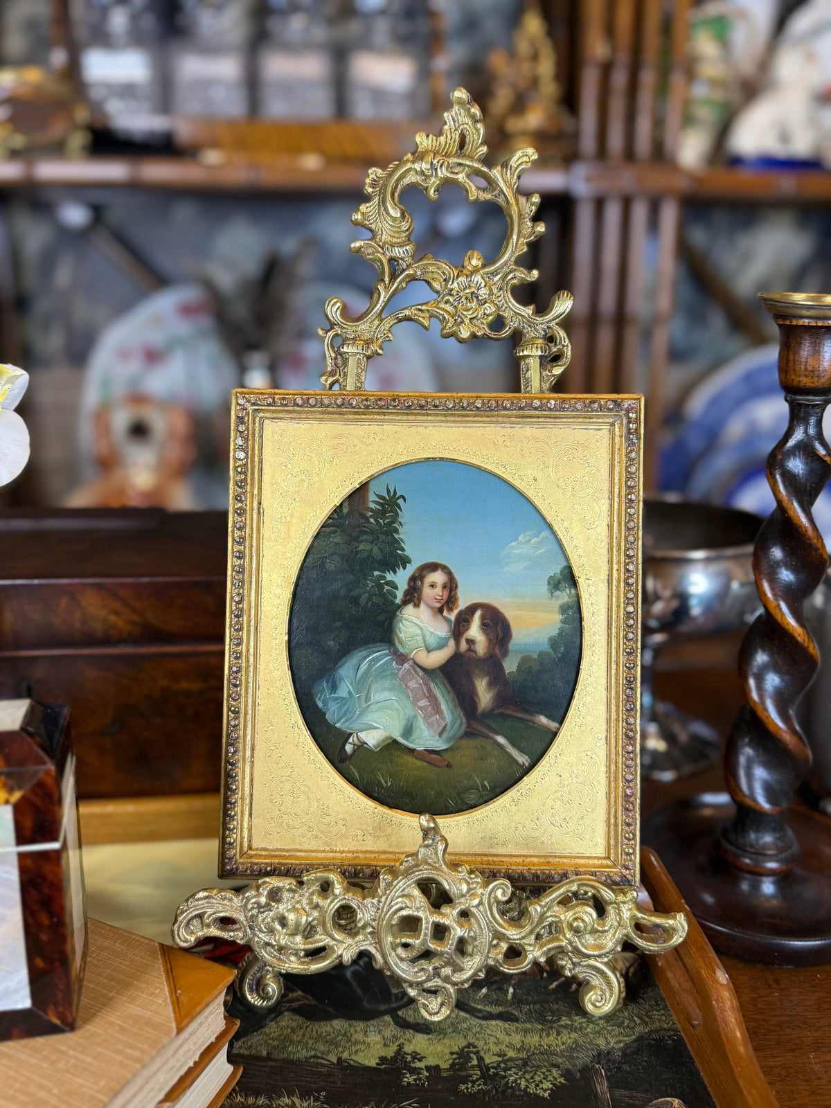 Antique c.1850 Oil on Tin After Franz Xaver Winterhalter | Mlle Virginie de Sainte-Aldegonde with Mastiff | Original Gilt Wood Frame | 8” × 7”