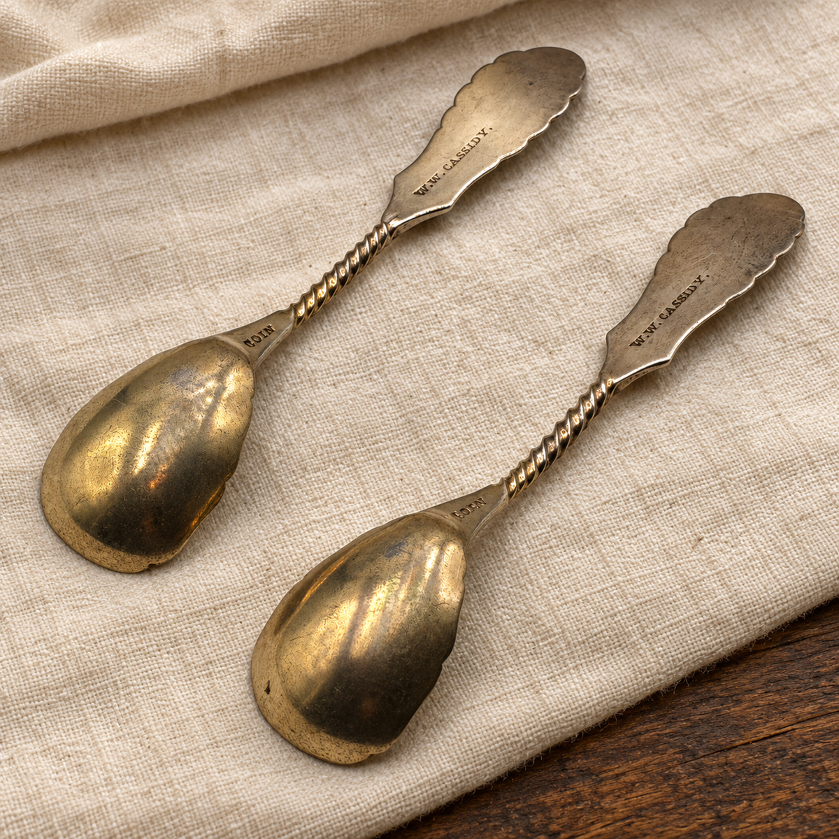 Antique W.W. Cassidy Coin Silver Spoons with Gilt Bowls — Pair