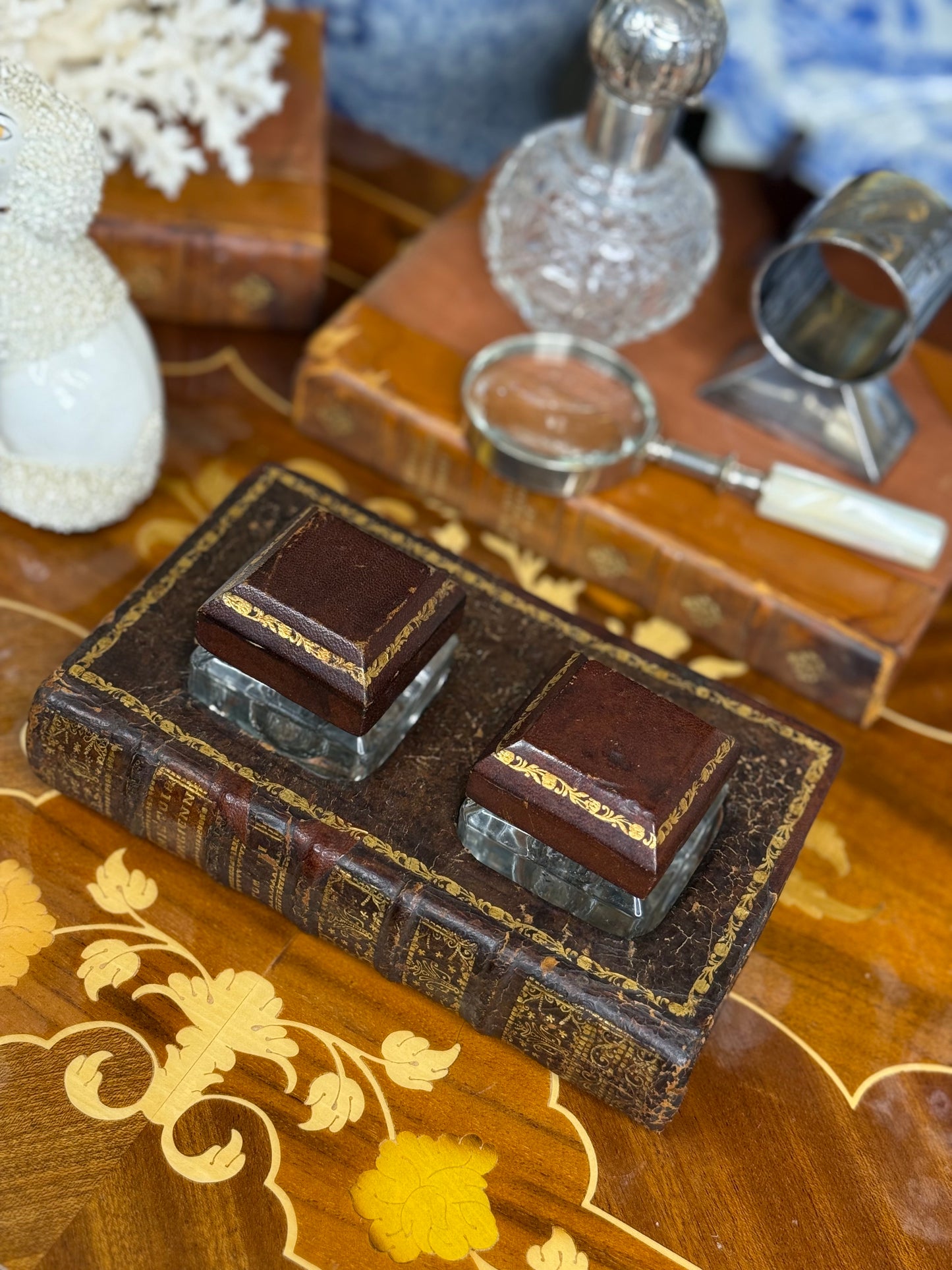 Victorian French Book Double Inkwell – Leather & Gilt, c. 1880, French History