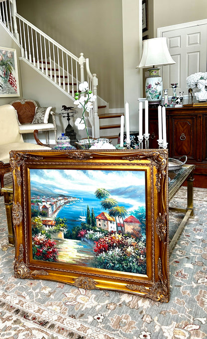 Inviting waterfront landscape massive baroque frame  31 x 28 signed oil painting art
