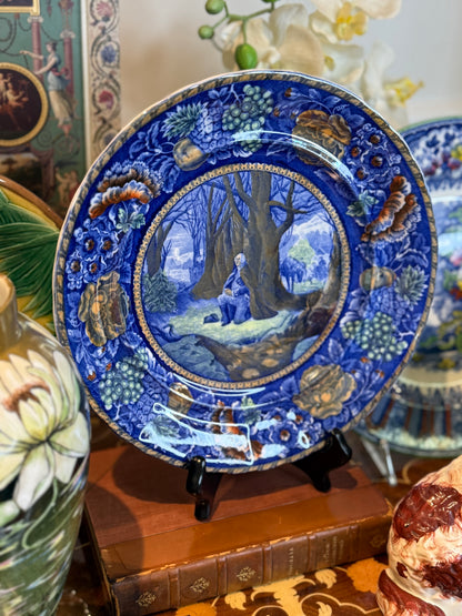 Historical Pottery Staffordshire “Washington’s Prayer at Valley Forge” Blue Transferware & Copper Luster Plate 10.25”