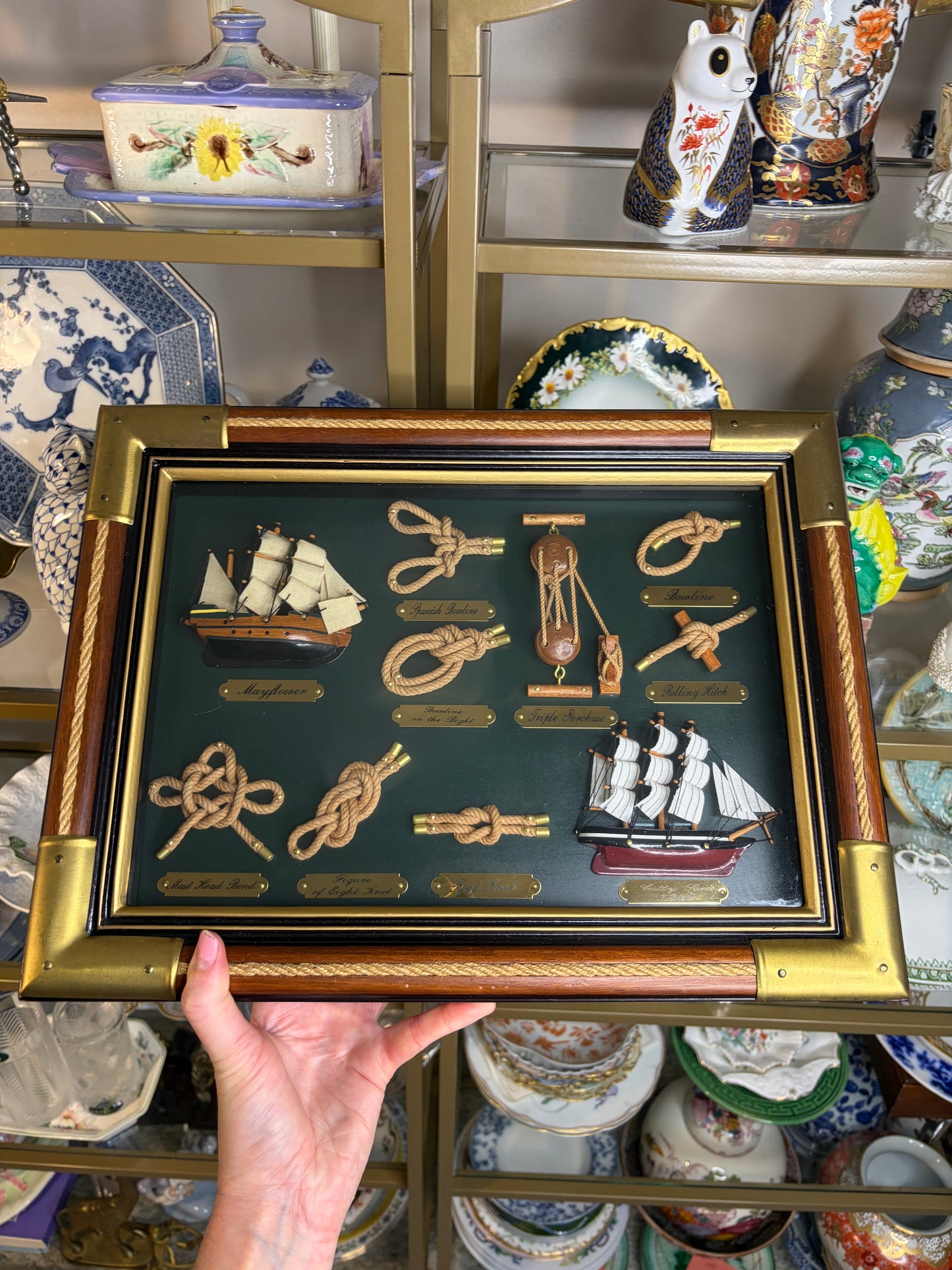 Reserved for Erica! Beautiful Nautical framed ship and knot with brass and rope details!
